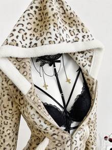 Elamini 秋冬女款休閒拼接粉色法蘭絨保暖內裡豹紋收腰拉鍊修身柔軟返校居家休閒長袖運動衫上衣 - 彩色 - 查看 3