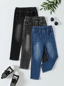 SHEIN Playful Pals 3pcs/Set Young Girl Basic Casual Everyday Elastic Comfy Jeans, School, Campus, College Chic Autumn/Winter - Multicolor - View 2