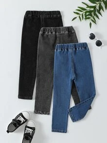 SHEIN Playful Pals 3pcs/Set Young Girl Basic Casual Everyday Elastic Comfy Jeans, School, Campus, College Chic Autumn/Winter - Multicolor - View 3