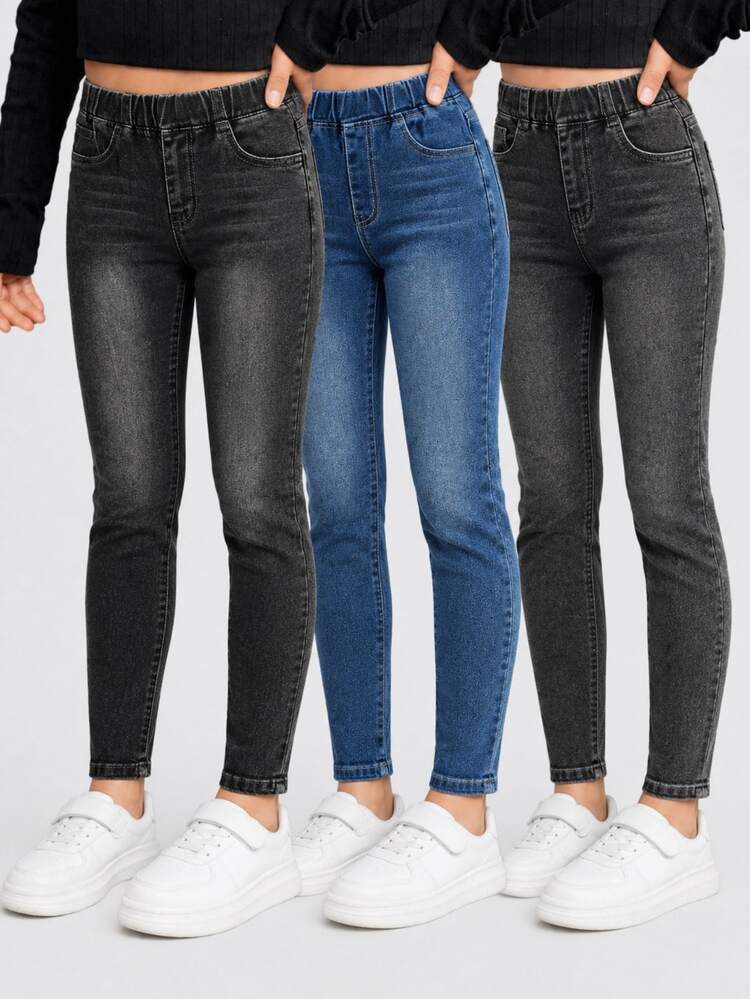 SHEIN Playful Pals 3pcs/Set Young Girl Basic Casual Everyday Elastic Comfy Jeans, School, Campus, College Chic Autumn/Winter - Multicolor - View 1