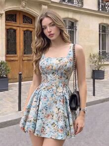 SHEIN MOD Chic Plus Size Floral Mini Dress For Women Square Neck Sleeveless A Line Retro Design Tea Party Style,Pin Up Style Dress,Floral Formal Dresses - Multicolor - View 3