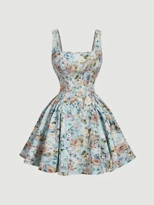 SHEIN MOD Chic Plus Size Floral Mini Dress For Women Square Neck Sleeveless A Line Retro Design Tea Party Style,Pin Up Style Dress,Floral Formal Dresses - Multicolor - View 5