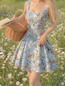 SHEIN MOD Chic Plus Size Floral Mini Dress For Women Square Neck Sleeveless A Line Retro Design Tea Party Style,Pin Up Style Dress,Floral Formal Dresses - Multicolor - View 2
