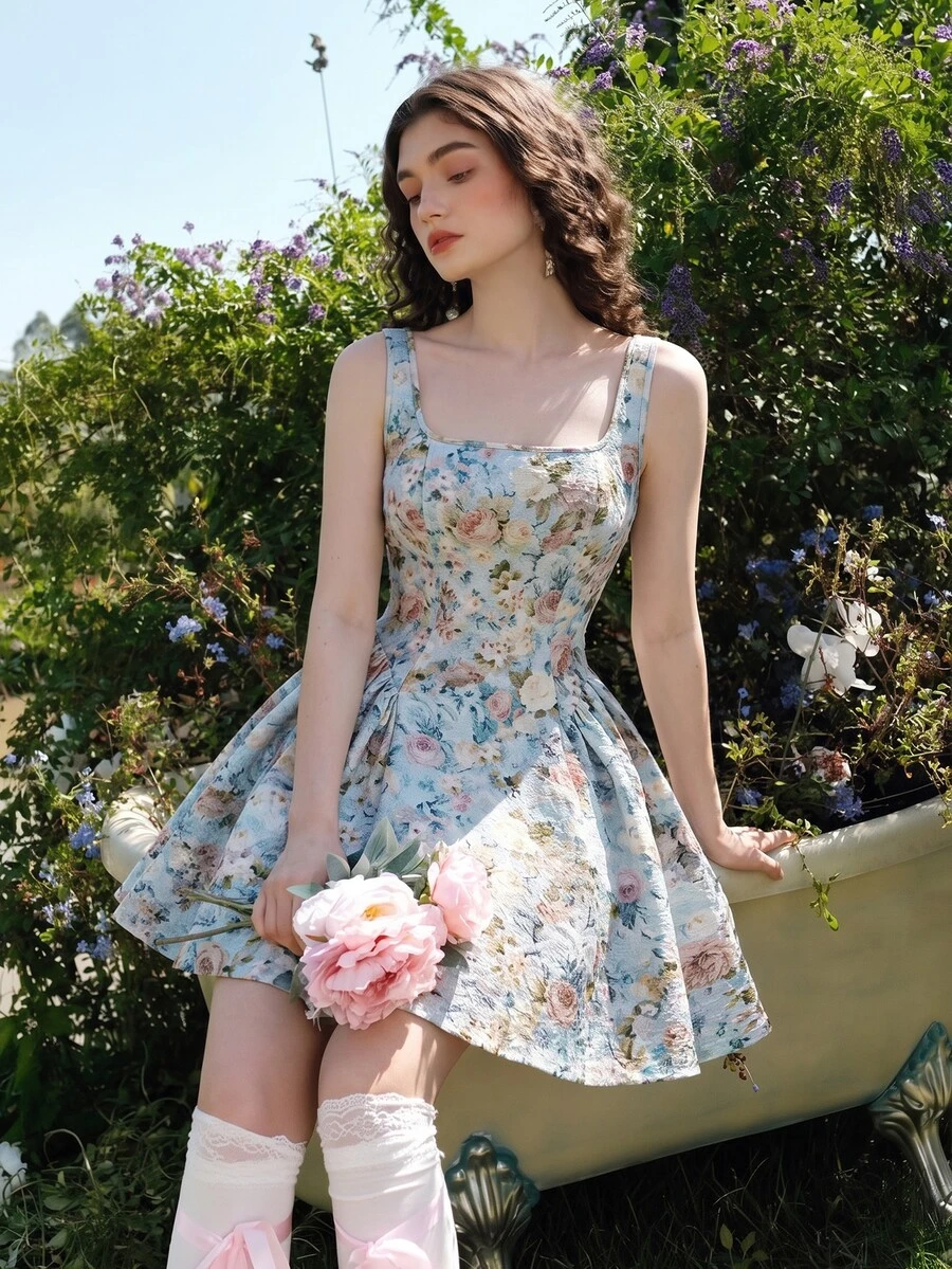 SHEIN MOD Chic Plus Size Floral Mini Dress For Women Square Neck Sleeveless A Line Retro Design Tea Party Style,Pin Up Style Dress,Floral Formal Dresses - Multicolor - View 1