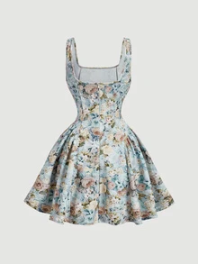 SHEIN MOD Chic Plus Size Floral Mini Dress For Women Square Neck Sleeveless A Line Retro Design Tea Party Style,Pin Up Style Dress,Floral Formal Dresses - Multicolor - View 6