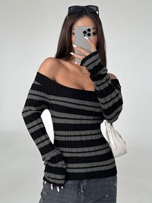 Flirla 女款不對稱肩條紋休閒日常長袖針織衫 - 灰色 - 查看 4