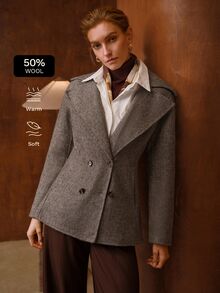 MOTF PREMIUM WOMEN'S AUTUMN/WINTER LARGE LAPEL DOUBLE-BREASTED OPEN FRONT OVERCOAT - Coffee Brown - View 5