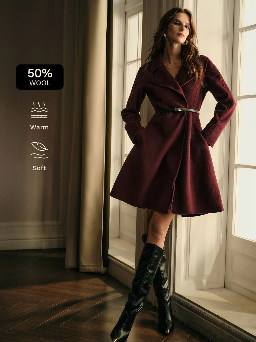 MOTF PREMIUM WOMEN'S AUTUMN/WINTER MINIMALIST ELEGANT COMMUTER MID-LENGTH COAT WITH FLARED HEM - Burgundy - View 1