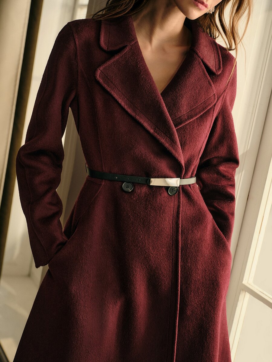 MOTF PREMIUM WOMEN'S AUTUMN/WINTER MINIMALIST ELEGANT COMMUTER MID-LENGTH COAT WITH FLARED HEM - Burgundy - View 2