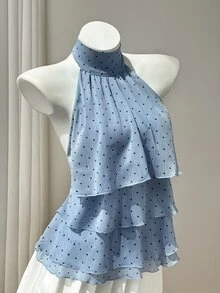 Elamini Women's Spring & Summer Casual Vacation Style Ruffled Patchwork Four-Layer Chiffon Polka Dot Fabric Elegant Slimming Tie-Up Shirt For Beach Wear - Royal Blue - View 3