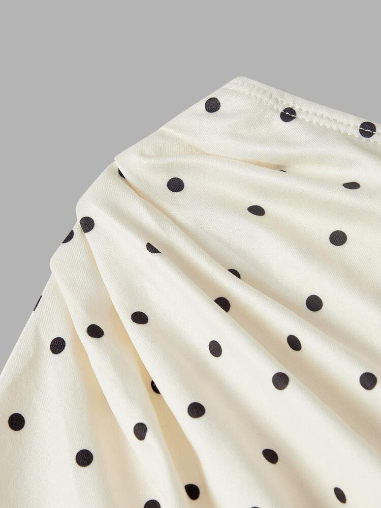 SHEIN MOD 女款波點印花單肩抓皺長袖上衣與寬腿褲兩件套，波點2件套，秋冬春季女式套裝 - 杏色 - 查看 7