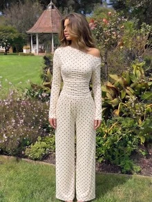 SHEIN MOD Women Polka Dot Print One Shoulder Ruched Long Sleeve Top And Wide Leg Pants Two Pieces Set,Pokadot 2 Pieces Set,Winter And Spring Women's Suit - Apricot - View 4