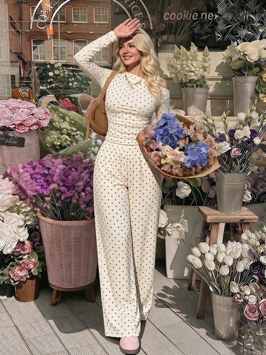 SHEIN MOD Women Polka Dot Print One Shoulder Ruched Long Sleeve Top And Wide Leg Pants Two Pieces Set,Pokadot 2 Pieces Set,Winter And Spring Women's Suit - Apricot - View 1