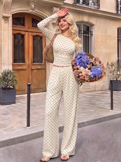 SHEIN MOD Women Polka Dot Print One Shoulder Ruched Long Sleeve Top And Wide Leg Pants Two Pieces Set,Pokadot 2 Pieces Set,Winter And Spring Women's Suit