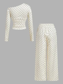 SHEIN MOD Women Polka Dot Print One Shoulder Ruched Long Sleeve Top And Wide Leg Pants Two Pieces Set,Pokadot 2 Pieces Set,Winter And Spring Women's Suit - Apricot - View 6