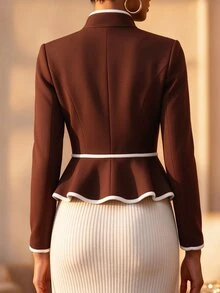 Balvessa Women's Stand Collar Single-Breasted Ruffle Hem Fashion Slim Fit Jacket - Brown - View 2
