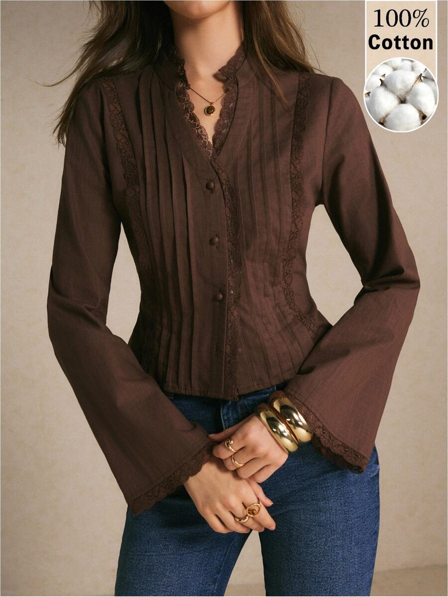 Poéselle 女款純色休閒復古優雅百搭日常長袖襯衫 早午餐茶會 深棕色 秋季 - 咖啡棕 - 查看 1