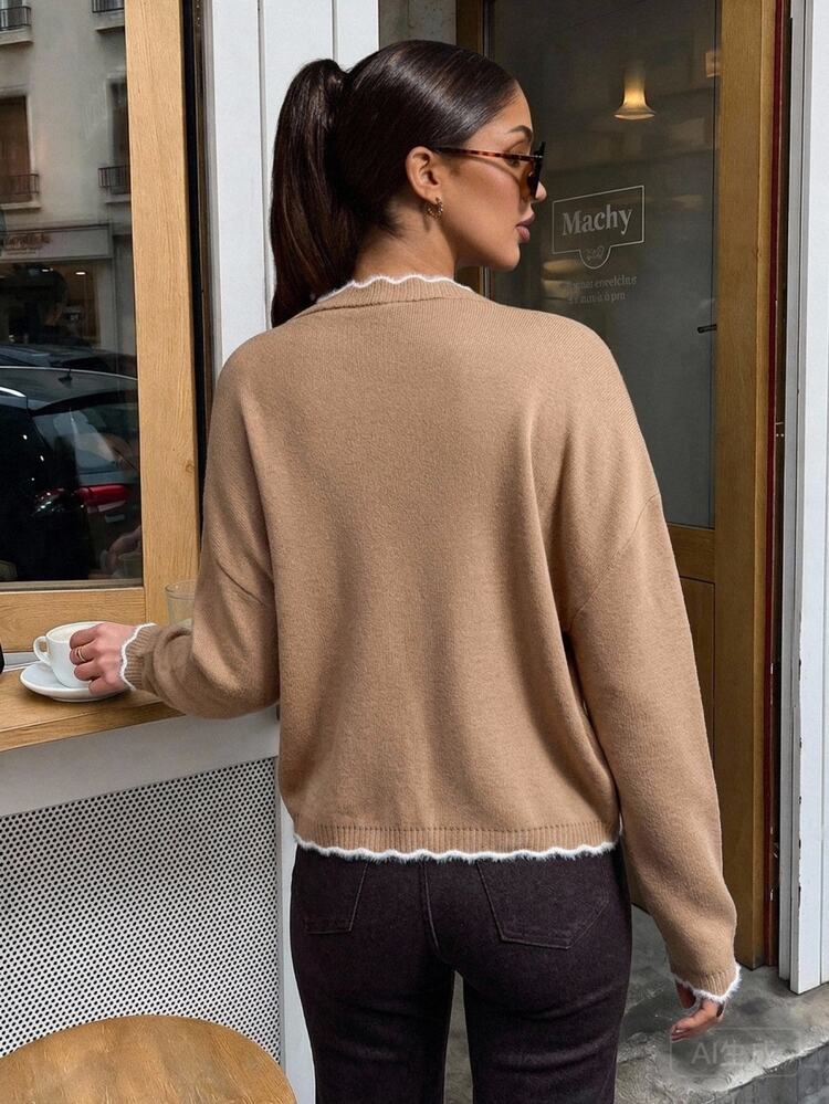 SHEIN كارديجان محبوك بياقة على شكل حرف V مع حافة مزخرفة بتفاصيل متباينة ولمسة ناعمة، أبيض، كاجوال خريفي، فرنسي، للمكتب والاستخدام اليومي والمدرسة والبرانش - بني مخاوي - مشاهدة 6