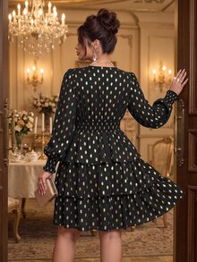 Roveilla Plus Size Women's Elegant Celestial Black And Gold Foil V-Neck Ruched Waist Layered Cake Party Cocktail Formal Dress Fall - Black - View 2