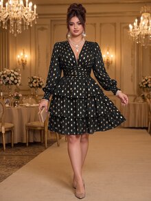 Roveilla Plus Size Women's Elegant Celestial Black And Gold Foil V-Neck Ruched Waist Layered Cake Party Cocktail Formal Dress Fall - Black - View 4
