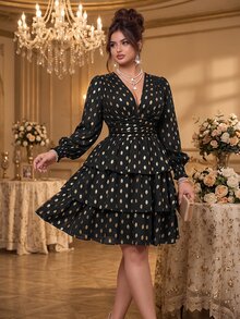 Roveilla Plus Size Women's Elegant Celestial Black And Gold Foil V-Neck Ruched Waist Layered Cake Party Cocktail Formal Dress Fall - Black - View 3