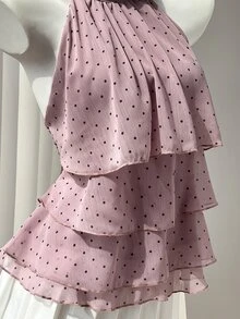 Elamini 女款春夏休閒度假風荷葉邊層次雪紡波點印花收腰繫帶上衣，修身顯瘦，適合海灘 - 藕粉色 - 查看 8