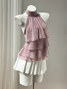 Elamini 女款春夏休閒度假風荷葉邊層次雪紡波點印花收腰繫帶上衣，修身顯瘦，適合海灘 - 藕粉色 - 查看 6