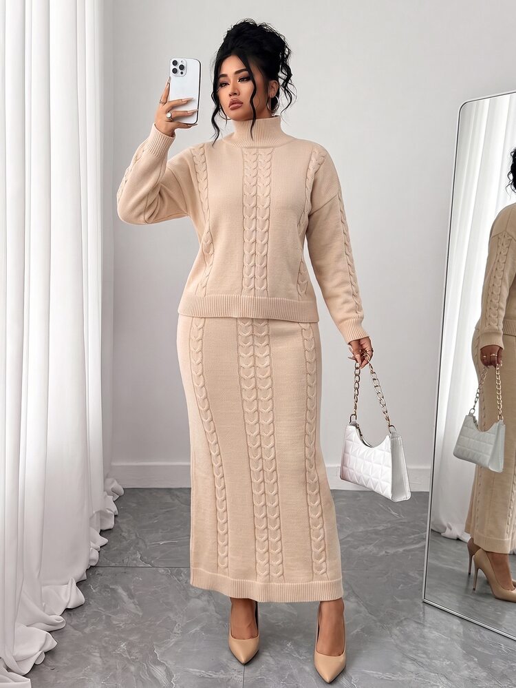 Elenzga Autumn/Winter Plus Size Solid Color Slim Fit Cable Knit Pullover Sweater Bodycon Skirt 2-Piece Set Lounge Formal Beige Casual Lounge - Apricot - View 7