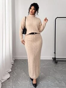 Elenzga Autumn/Winter Plus Size Solid Color Slim Fit Cable Knit Pullover Sweater Bodycon Skirt 2-Piece Set Lounge Formal Beige Casual Lounge - Apricot - View 5