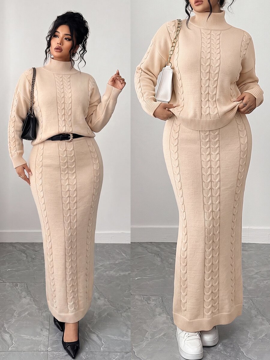 Elenzga Autumn/Winter Plus Size Solid Color Slim Fit Cable Knit Pullover Sweater Bodycon Skirt 2-Piece Set Lounge Formal Beige Casual Lounge - Apricot - View 1