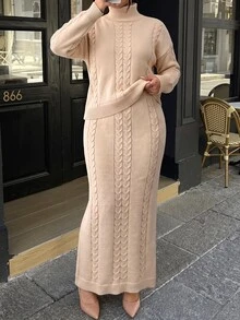 Elenzga Autumn/Winter Plus Size Solid Color Slim Fit Cable Knit Pullover Sweater Bodycon Skirt 2-Piece Set Lounge Formal Beige Casual Lounge - Apricot - View 4