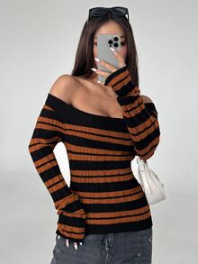 Flirla 女款不對稱肩條紋休閒日常長袖針織衫 - 橘色 - 查看 6