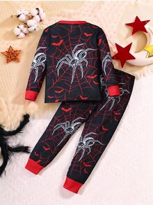 SHEIN Young Boy Contrast Color Spider Halloween Pattern Casual Minimalist Snug Fit Comfortable Thick Long Sleeve Crew Neck Long Pants Loungewear Suitable For Autumn/Winter - Multicolor - View 2