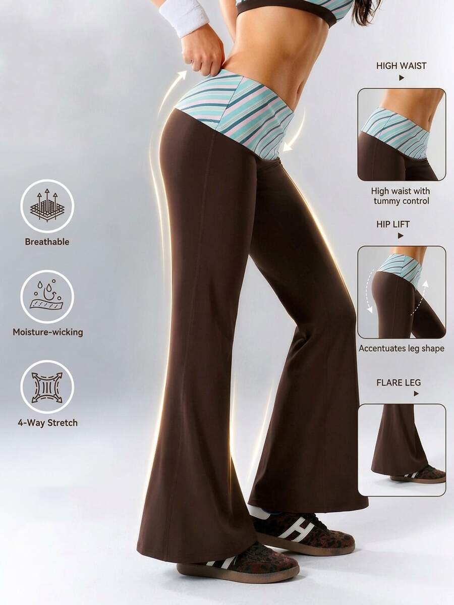 VARSIVA Women's Brown Patchwork Flare Leg Sports Activewear Bottom Pants Pilates Gym Yoga Summer Low Waisted Low Rise Baggy