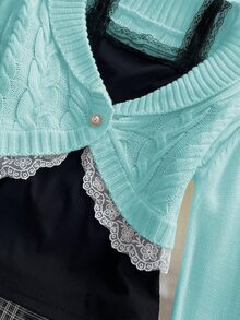 Elamini Women's Lace Button Decor Cable Knit Short Long Sleeve Cute Delicate Atmosphere Cardigan - Mint Blue - View 7