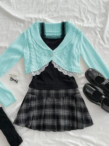 Elamini Women's Lace Button Decor Cable Knit Short Long Sleeve Cute Delicate Atmosphere Cardigan - Mint Blue - View 6