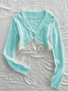 Elamini Women's Lace Button Decor Cable Knit Short Long Sleeve Cute Delicate Atmosphere Cardigan - Mint Blue - View 5