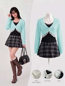 Elamini Women's Lace Button Decor Cable Knit Short Long Sleeve Cute Delicate Atmosphere Cardigan - Mint Blue - View 3