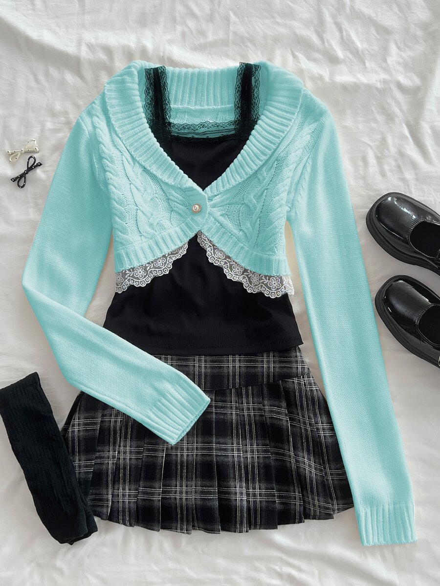 Elamini Women's Lace Button Decor Cable Knit Short Long Sleeve Cute Delicate Atmosphere Cardigan - Mint Blue - View 1