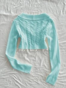 Elamini Women's Lace Button Decor Cable Knit Short Long Sleeve Cute Delicate Atmosphere Cardigan - Mint Blue - View 2