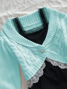 Elamini Women's Lace Button Decor Cable Knit Short Long Sleeve Cute Delicate Atmosphere Cardigan - Mint Blue - View 8