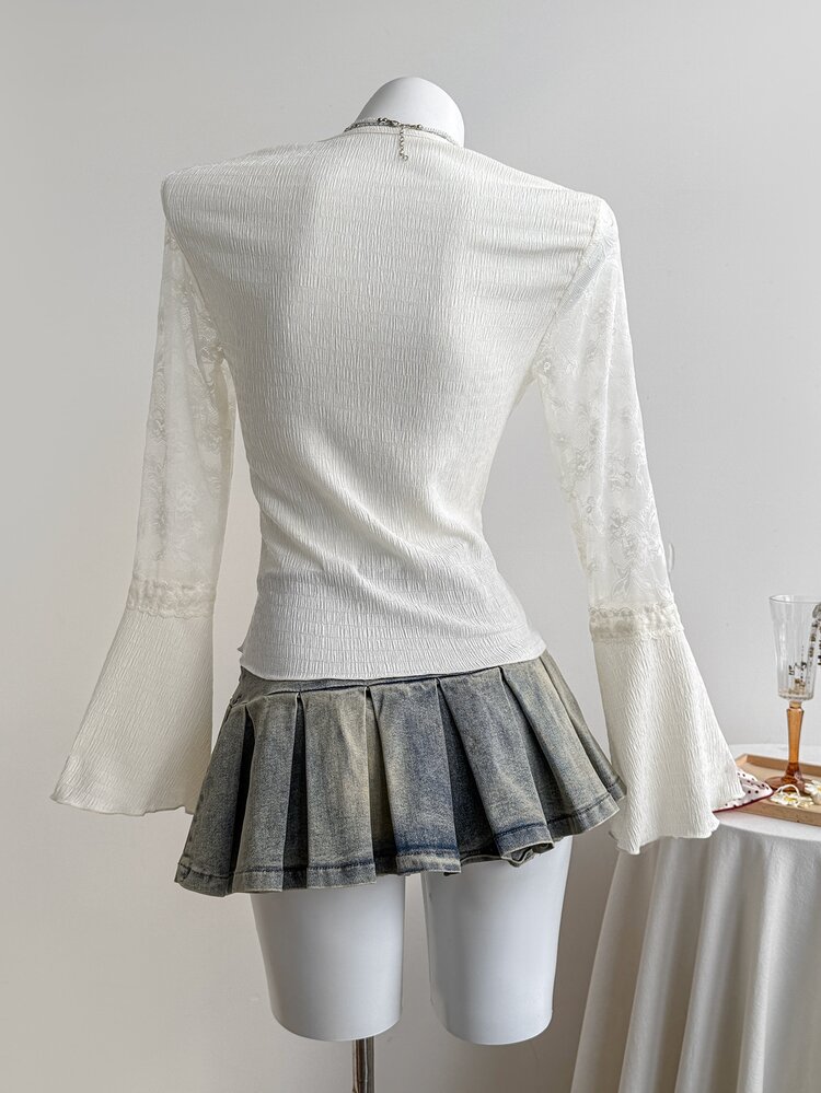 Elamini Women's Lace Patchwork Textured Fabric Small Ruffle Trim Long Sleeve T-Shirt - Apricot - View 2