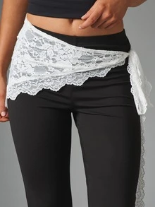MISSGUIDED Flared Dress Pants With Detachable White Lace Wrap Hip Overlay Tie Detail Elegant Evening Night Out Style - Black and White - View 3