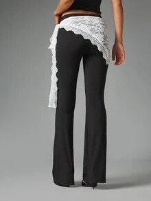 MISSGUIDED Flared Dress Pants With Detachable White Lace Wrap Hip Overlay Tie Detail Elegant Evening Night Out Style - Black and White - View 5
