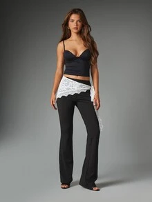 MISSGUIDED Flared Dress Pants With Detachable White Lace Wrap Hip Overlay Tie Detail Elegant Evening Night Out Style - Black and White - View 2