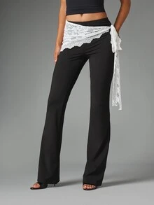 MISSGUIDED Flared Dress Pants With Detachable White Lace Wrap Hip Overlay Tie Detail Elegant Evening Night Out Style - Black and White - View 1