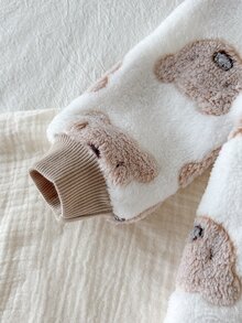 SHEIN 新生兒男嬰女嬰秋冬款可愛休閒卡通熊圖案毛茸茸連帽包屁衣足衣 中性嬰兒服 冬季嬰兒衣 - 白色 - 查看 5