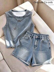 Franclia Women's Round Neck Top And Pocket Button Shorts Casual Everyday Set - Dark Wash - View 3