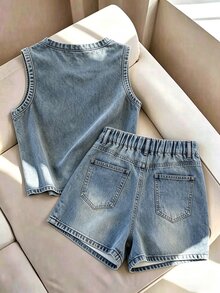 Franclia Women's Round Neck Top And Pocket Button Shorts Casual Everyday Set - Dark Wash - View 2