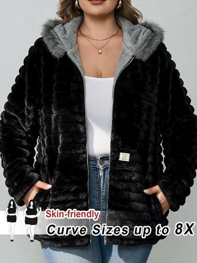 SHEIN CURVE+ Damen-Fleecejacke in großen Größen für Herbst/Winter mit Kapuze, langen Ärmeln und lässigem Stil